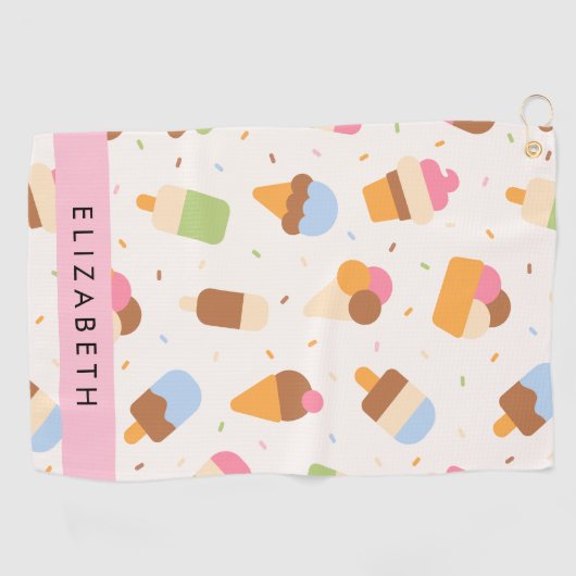 Ice Cream Pattern, Ice Cream Cone, Jouw naam Golfhanddoek (Horizontaal)