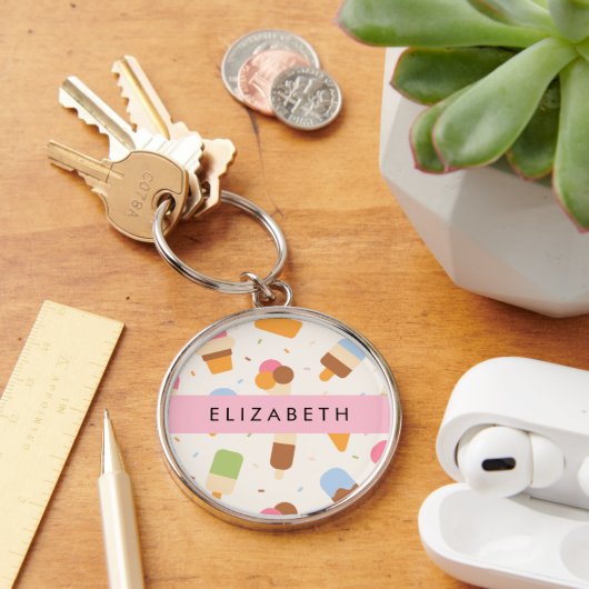 Ice Cream Pattern, Ice Cream Cone, Jouw naam Sleutelhanger (Bureau)