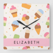 Ice Cream Pattern, Ice Cream Cone, Jouw naam Vierkante Klok (Voorkant)
