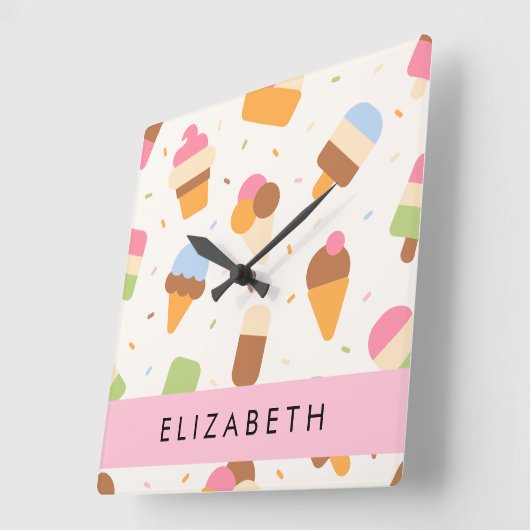 Ice Cream Pattern, Ice Cream Cone, Jouw naam Vierkante Klok (Hoek)
