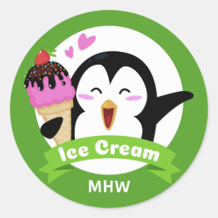 Ice Cream Penguin aangepaste monogram & kleur stic Ronde Sticker