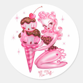 Ice Cream Pin Up Doll -Cherry Chocolade Saus Ronde Sticker
