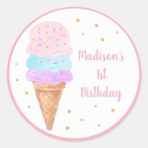 Ice Cream Pink Gold Pastel Birthday Ronde Sticker