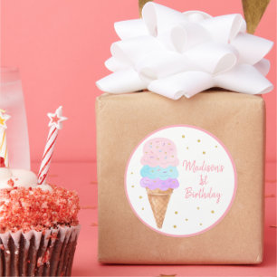 Ice Cream Pink Gold Rainbow Birthday Ronde Sticker