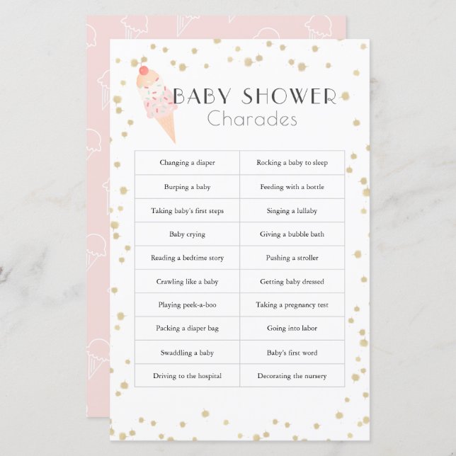 Ice Cream Roze Baby shower Charades (Voorkant / Achterkant)
