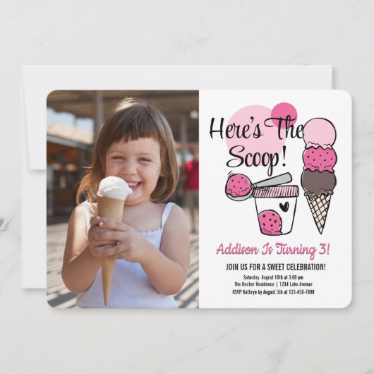 Ice Cream Scoop Verjaardagsfeest Foto uitnodiging (Voorkant)