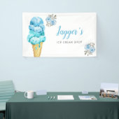 Ice Cream Shop Blauw Bloemen Verjaardagsfeest Spandoek (Beurs)