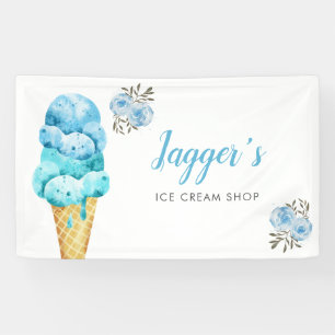 Ice Cream Shop Blauw Bloemen Verjaardagsfeest Spandoek