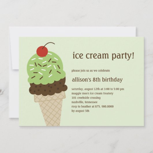 Ice Cream Shoppe Birthday Invitation - Green Kaart (Voorkant)