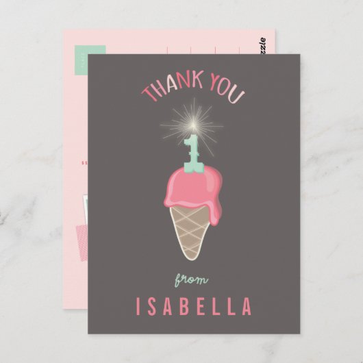 Ice Cream Sparkler Meisje's 1e Verjaardag Dank u Briefkaart (Voorkant / Achterkant)