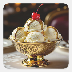 Ice Cream Sundae met gouden siroop Blank Vierkante Sticker