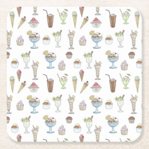 Ice Cream Sundae Pattern White Vierkante Kartonnen Onderzetter