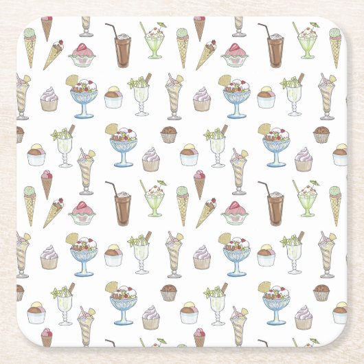 Ice Cream Sundae Pattern White Vierkante Kartonnen Onderzetter (Voorkant)