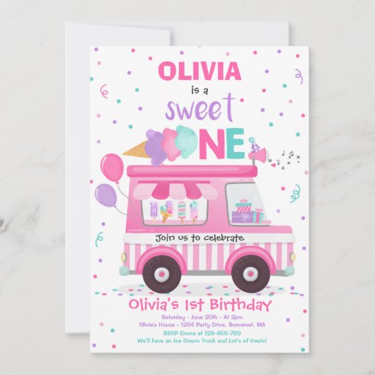 Ice Cream Sweet One Birthday Ice Cream Truck Uitno Kaart (Voorkant)