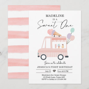 Ice Cream Truck, 1e verjaardag nodigt roze en gezo Kaart