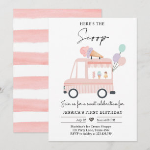 Ice Cream Truck 1st Birthday nodigt roze pop uit Kaart