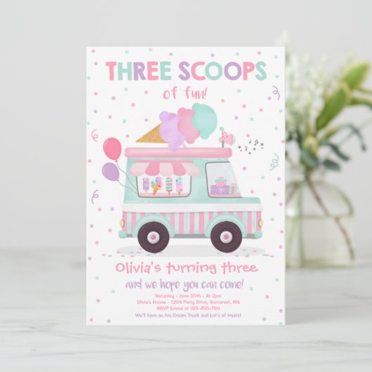 Ice Cream Truck 3 Scoops of Fun 3rd Birthday Kaart (Staand voorkant)