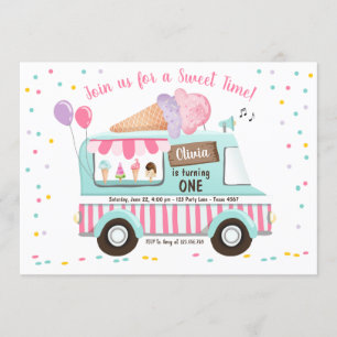 Ice Cream Truck Birthday Invitation Girl Pink Kaart