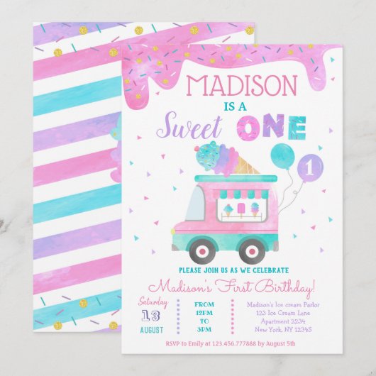 Ice Cream Truck First 1st Birthday Invitations Kaart (Voorkant / Achterkant)