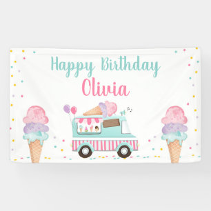 Ice Cream Truck Pink Blauwgroen Girl Birthday Back Spandoek