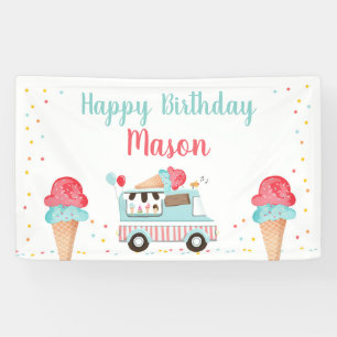 Ice Cream Truck Red Blue Boy Verjaardag Achtergron Spandoek