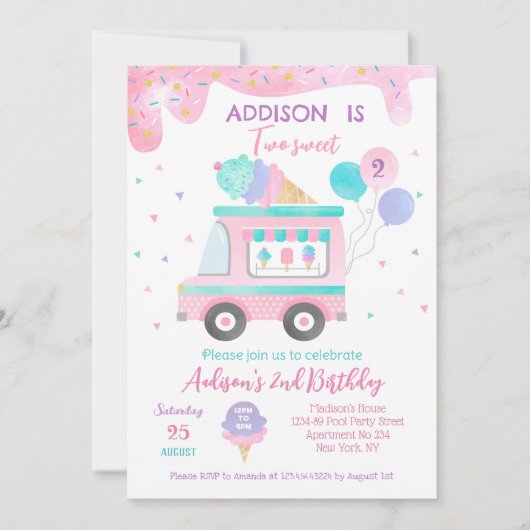Ice Cream Two Sweet 2nd Birthday Party Save The Date (Voorkant)