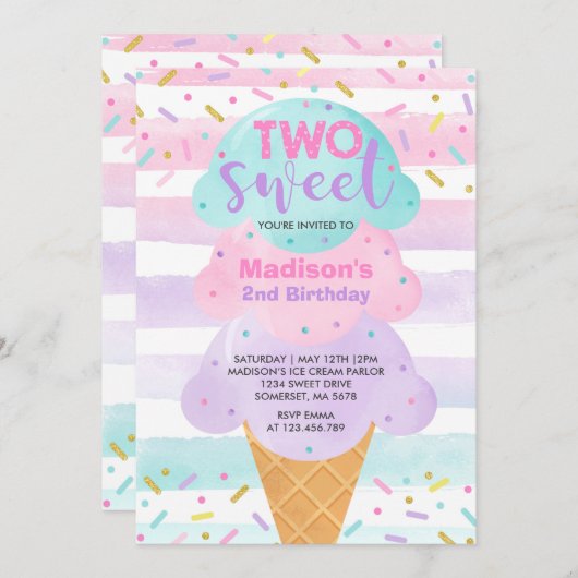 Ice Cream Uitnodiging Twee Zoete 2e Verjaardag (Voorkant / Achterkant)