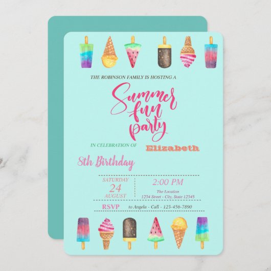 Ice Creams Summer Birthday Kaart (Voorkant / Achterkant)