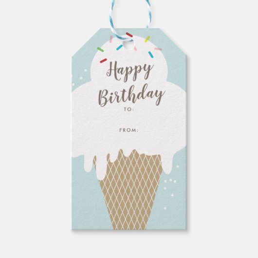 Ice crème cone happy jarig aqua blue gift labels cadeaulabel (Voorkant)