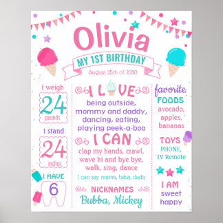 Ice crème First Birthday milestone sign. Poster