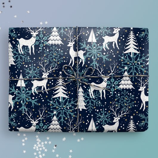 Ice Crystal Christmas Deer Blauwgroen Cadeaupapier