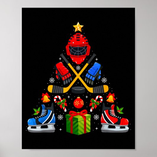 Ice Hockey Christmas Tree Lights Red Santa Hat Xma Poster (Voorkant)