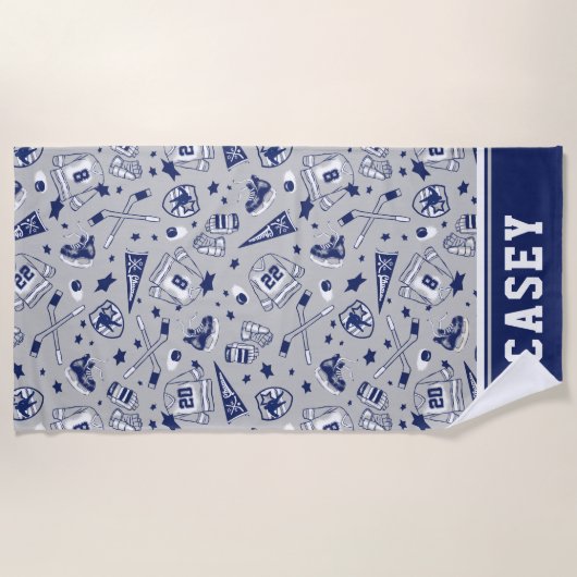 Ice Hockey Gear Grey Navy White Overzicht Afdrukke Strandlaken (Voorkant)
