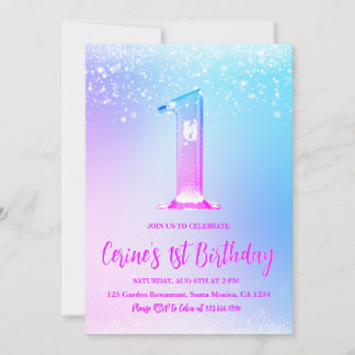 Ice number white glitter Girl First Birthday Kaart