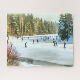 Ice Skaters op een Pond Waterverf Winter Landscape Legpuzzel
