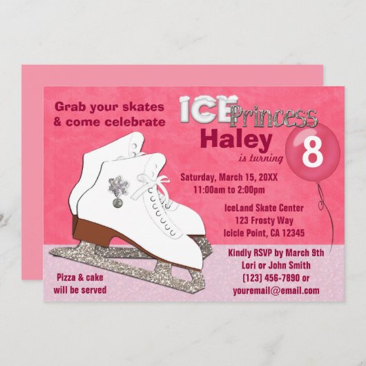 Ice Skating Birthday Invitation HOT PINK Princess Kaart (Voorkant / Achterkant)