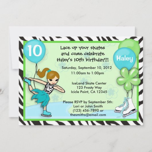 Ice Skating Birthday Invitation zebra print Kaart (Voorkant)