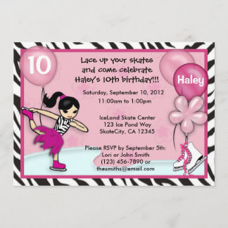 Ice Skating Birthday Invitation zebra print roze Kaart