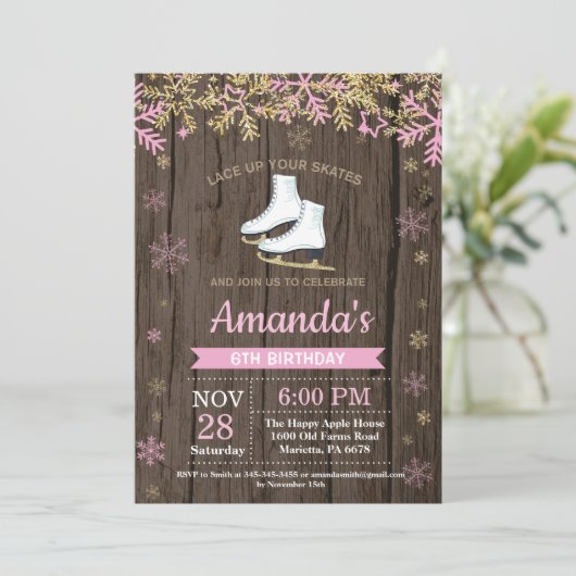 Ice Skating Birthday Party roze Schaats Invitation Kaart (Staand voorkant)
