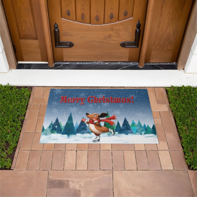 Ice Skating Dachshund Christmas Doormat Deurmat (Buiten)