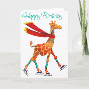 Ice Skating Giraffe met Scarf Birthday Kaart