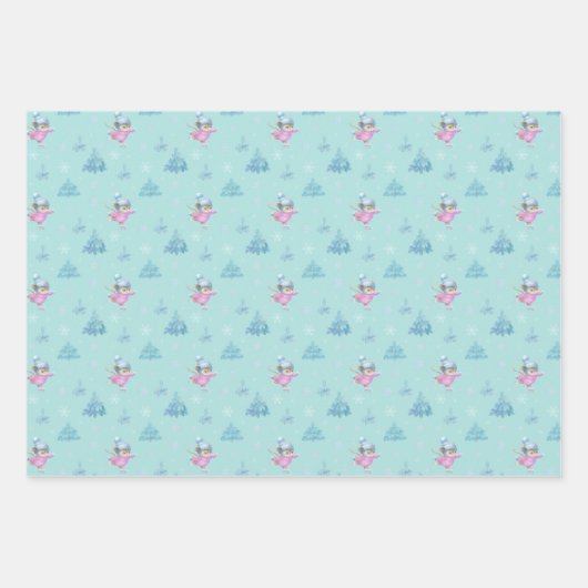 Ice Skating Mice Pastel Waterverf 3 Kerstmis Inpakpapier Vel (Voorkant 3)