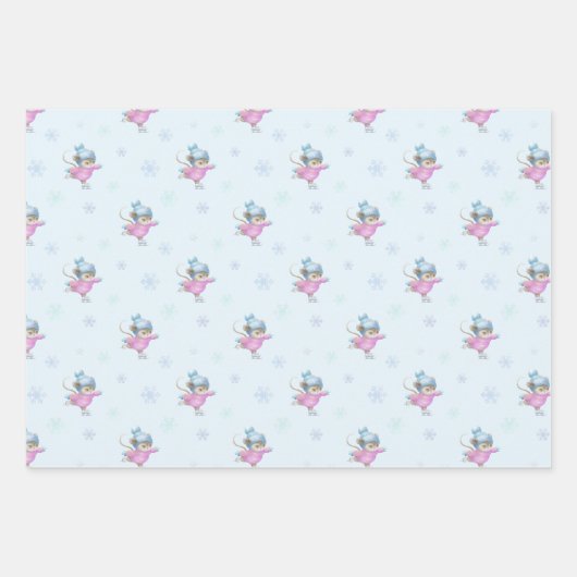 Ice Skating Mice Pastel Waterverf 3 Kerstmis Inpakpapier Vel (Voorkant 2)