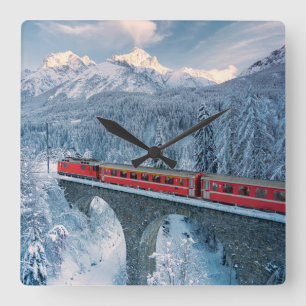 Ice & Snow Red Bernina Express Train Switzerland Vierkante Klok