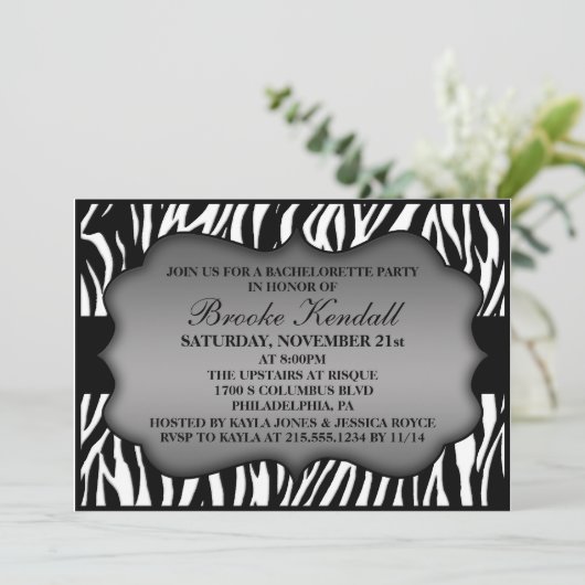 Ice White Wild Night Zebra Bachelorette Party Kaart (Staand voorkant)