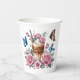 Iced Coffee & Butterfly Floral Art Papieren Bekers