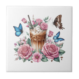Iced Coffee & Butterfly Floral Ceramic Tile Tegeltje