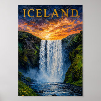 Iceland: Mystic Glow Waterfall Art Souvenir Poster