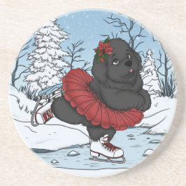 Iceskating Newfoundland Puppy Winter Wonderland Zandsteen Onderzetter