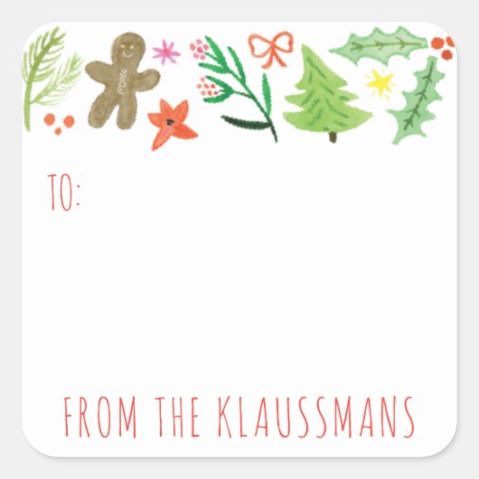 Iconische Waterverf kerstillustraties Vierkante Sticker (Voorkant)